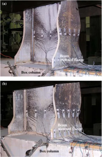 Fig. 14 shows the yielding and local buckling of specimens W10-L2 and W08-L1. In the cycles of 5% rad story drift angle, excessive buckling of the beam section caused gradual deterioration in the strength