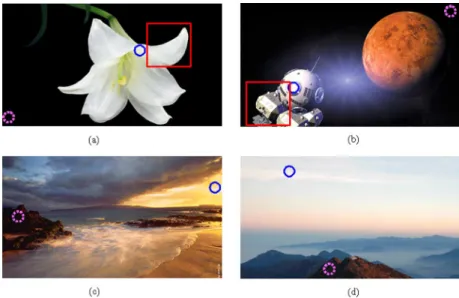 Fig. 8. Target images with their CR measuring points; Lmax and Lmin are respectively marked with a solid-blue circle and a dotted-pink circle