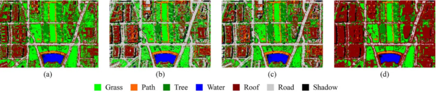 Fig. 13. Thematic maps resulting from the classification of Fig. 4 in case 3: (a)–(d) are the results of the single classifier