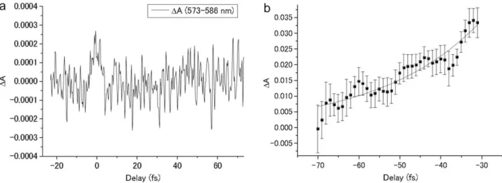 Fig. 2. (a) Several real-time traces of difference absorbance at 556, 588, 617, 653, and 685 nm for probe delay times from 70 to 1930 fs