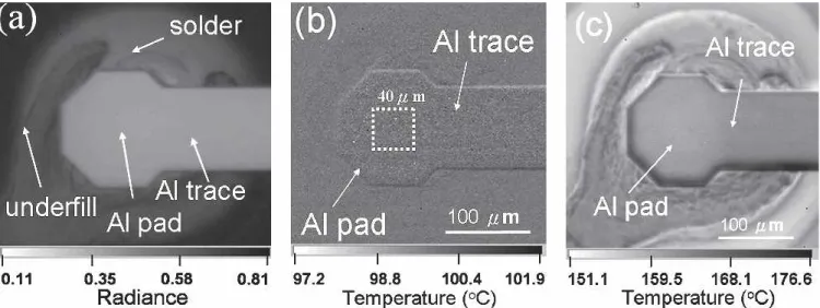 Fig. 3. (a) Radiant IR image showing bump B1 in Fig. 1d. The Al pad, underﬁll, and solder are observed clearly