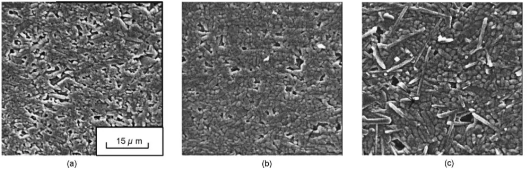 Fig. 4. SEM microstructure of the BaO ·(Nd 1 −x Sm x )1 .08 ·(TiO 3 ) z ·0.06(2Bi 2O3 ·3TiO 2) materials with z = Ti/Ba = (a) 3.82, (b) 4.32 or (c) 4.52, x = 0.2 after polishing and thermal etching.