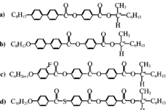 FIG. 1. Chemical structures of compounds discussed in the text: 共a兲 MHPBC, 共b兲 MHPOBC, 共c兲 10- and 11-OHFBBB1M7 with n ⫽10 and 11, respectively, and 共d兲 10OTBBB1M7.