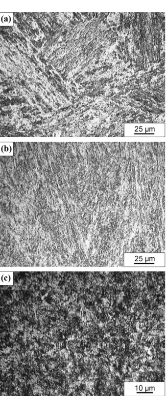 Fig. 1. Optical micrographs showing microstructure of C-250 maraging steel: (a) pre-solution treatment applied before flow-forming; (b) after flow-forming; (c) “solution + aging treatment” applied after flow-forming.