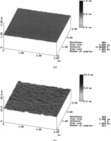 Fig. 1. AFM images of (a) with and (b) without the HF-vapor treatment and H 2 bake, and the rms values are 0.1 ˚ A and 2.9 ˚ A, respectively.
