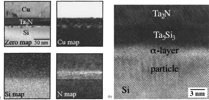 Fig. 4. (a) The EELS maps of a Si nitride capped sample obtained from 700 ◦ C: the zero loss map, silicon map, oxygen map, and copper map