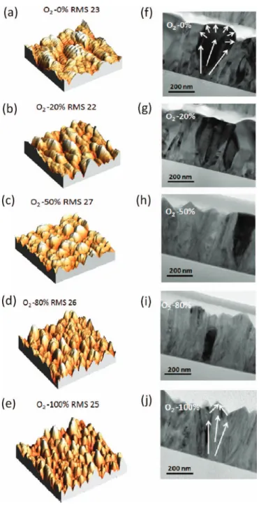 Figure 1. (a–e) AFM topographic 5 × 5 μm scans and (f–j) cross-sectional