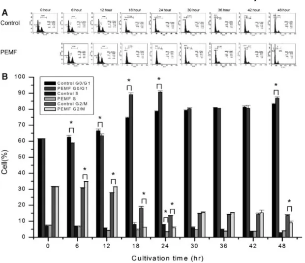Fig. 4. The cell cycle of BMMSCs with or without PEMF exposure seeded at an initial density of1000 cells/cm 2 