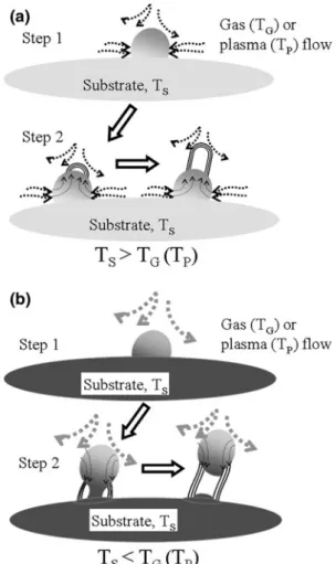 Fig. 13 Our proposed CNTs growth mechanisms: a base-growth model and b tip-growth model