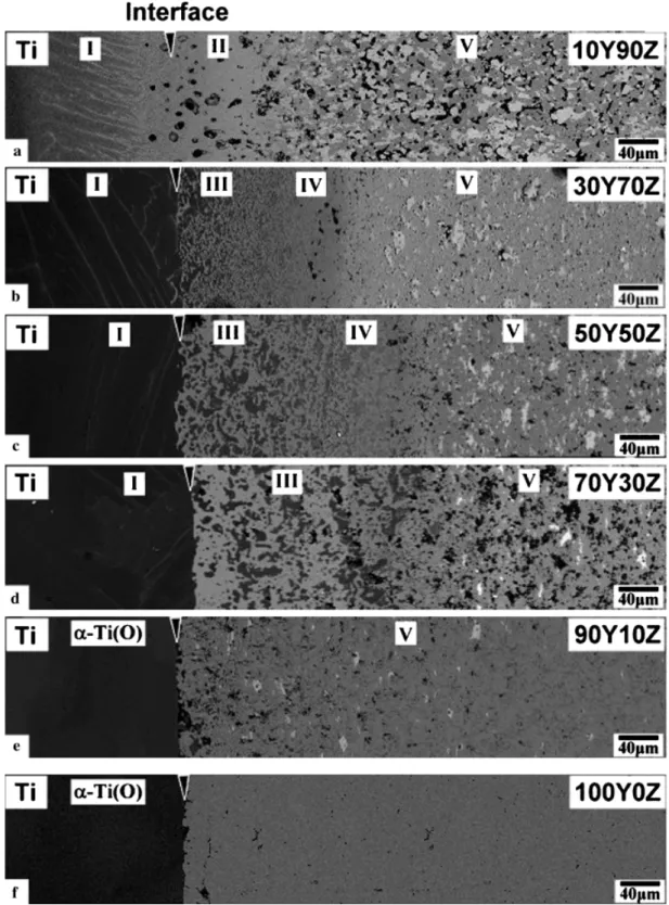 Figure 2 indicates that extensive reactions took place at the interface between Ti and 10Y90Z