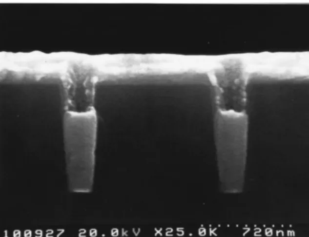 FIG. 7. SEM image of a partially filled 0.4 ␮ m dual Damascene structure by Cu electroplating