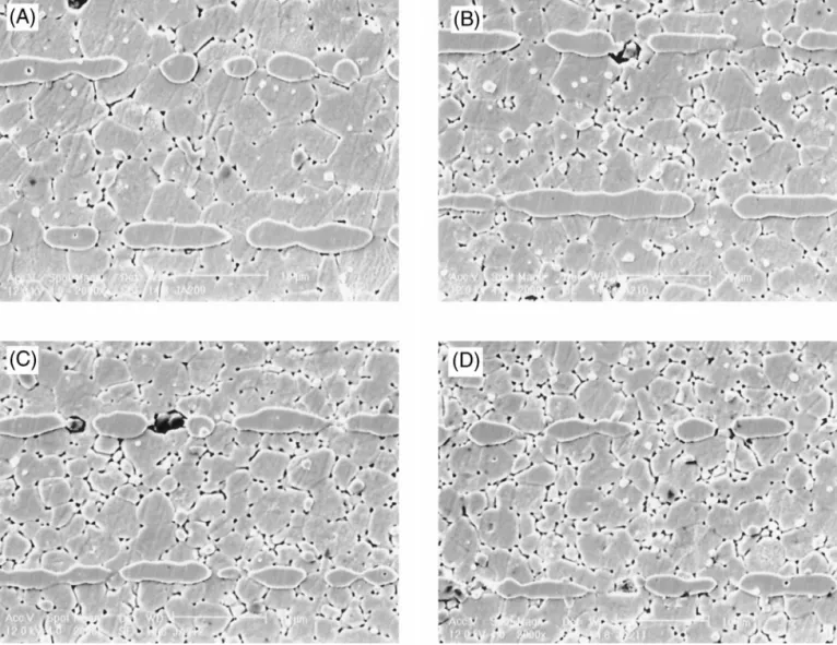 Fig. 3. Microstructure of MLCCs of BCTZM showing A/B ⫽ 1.000 ⫾ 0.0015, calcined at 900° (A), 1000° (B), 1100° (C), and 1200°C (D); cofired for 2 h with Ni electrode at 1300°C in 99/1 N 2 /H 2 at p O 2 ⬇ 10