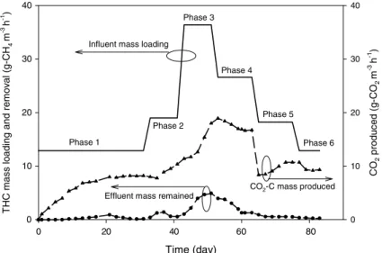 Fig. 2. Total hydrocarbon (THC) mass loading and removal proﬁles in the biotrickling ﬁlter