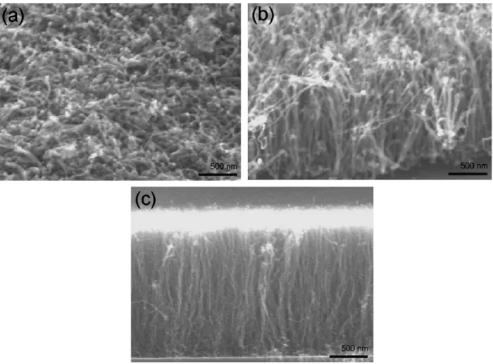 Fig. 3 shows the cross-sectional SEM images for CNTs grown at three synthesis flow rates: (a) 200, (b) 300 and (c) 400 sccm