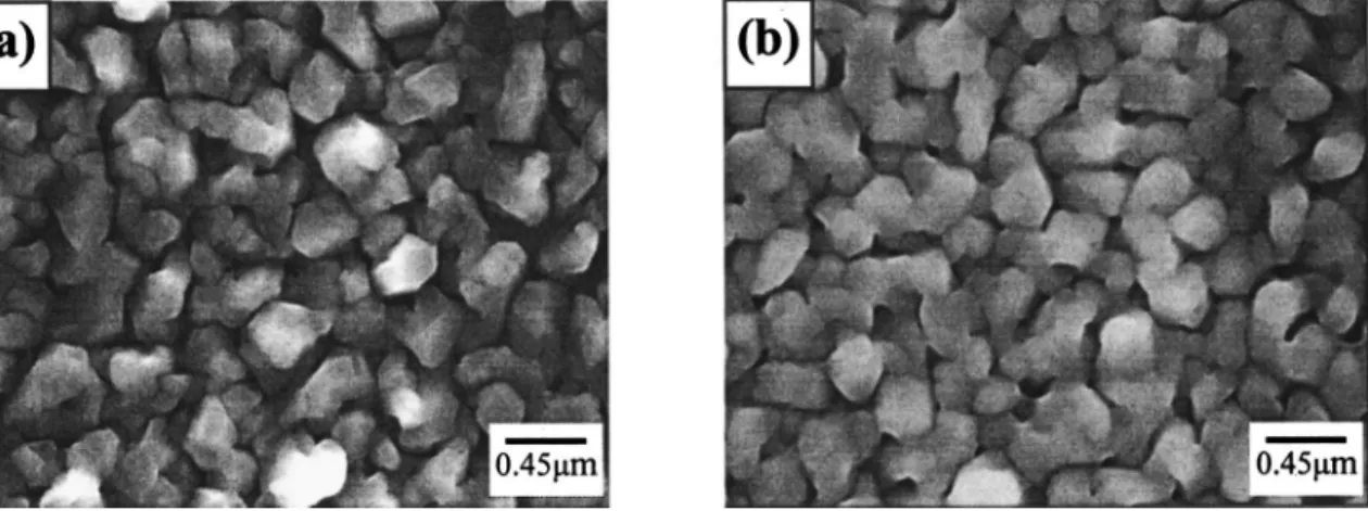 Figure 13. SEM micrographs showing surface morphology of Cu film deposited on TaN substrate with Ar plasma treatment prior to Cu deposition 共a兲 as-deposited and 共b兲 annealed at 400°C for 30 min in N2 ambient.