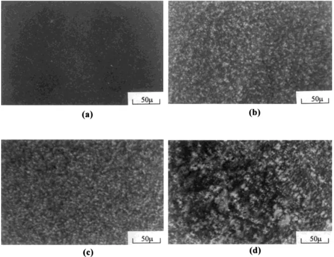 Figure 4 POM micrographs of PIS9Siy films (BTDA/m-BAPS based) with the “y” value equal to: (a) 0.6%, (b) 6.1%, (c) 7.7%, (d) 10.0%.