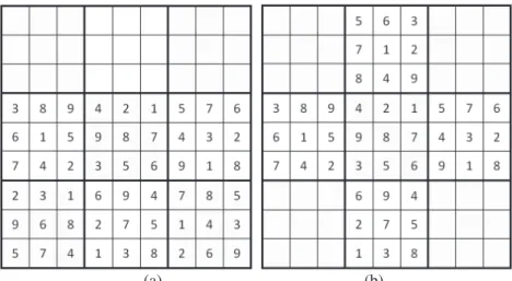 Figure 4: Removing a region of digits, (a) one box row and (b) 2x2 boxes, from a complete grid