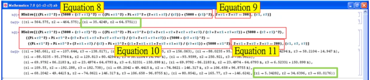Fig. 3.  Using Mathematica to solve Equations 8 and 9 