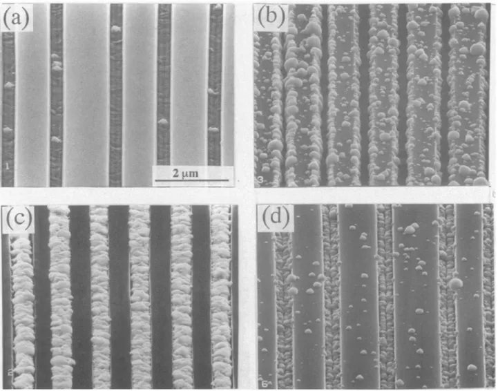 Fig.  1. Top view  SEM micrographs  showing  selective CVD-W  in  submicron trenches with  various  precleans of  substrate: (a) without  any  precleaning;  (b) with 50 W  BCI3 plasma etching; (c) with  hydroxylamine  sulfate wet etching; and  (d) with wet