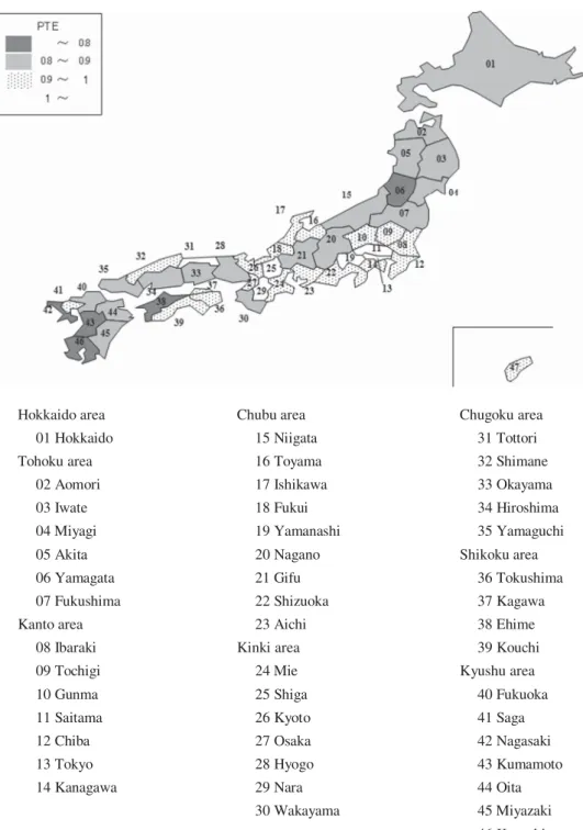 Figure 1. Geographic distribution of efficient and inefficient regions in Japan. Note: Higher score on pure technical efficiency (PTE) means higher efficiency.