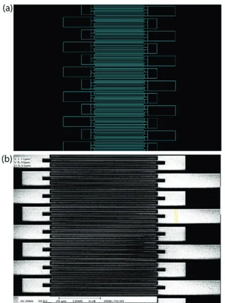 Figure 1.  (a) Schematics of the cross-finger type coordination markers and (b) SEM image of the E-beam defined pattern after photolithography  processes.