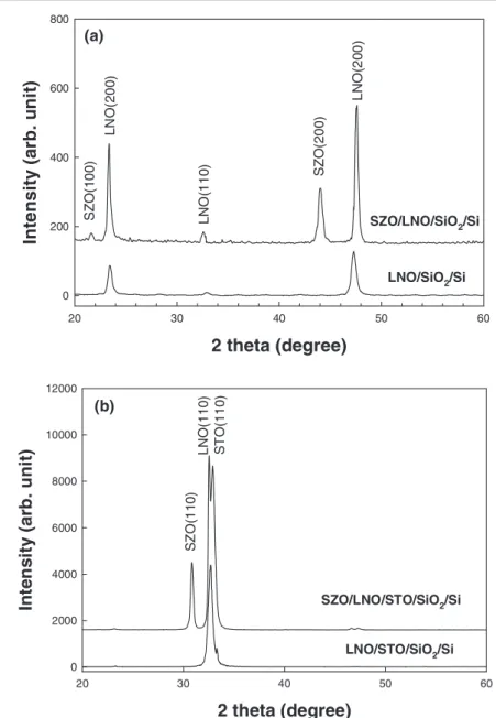 Figure 1. XRD patterns of (a) LNO/SiO 2 /Si and SZO/LNO/SiO 2 /Si structure, (b) LNO/STO/SiO 2 /Si and SZO/LNO/STO/SiO 2 /Si structure.