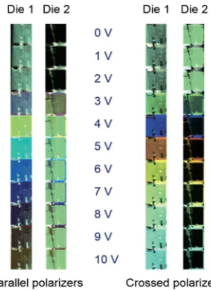 Fig. 6 shows the images of micrographic textures of the hybrid plasmonic–photonic cell placed between two linear polarizers under the parallel- and crossed-polarizer schemes at various applied voltages