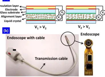 Fig. 2 (a) The structure of LC lens with a positive lens power when V 1 >V 2  and with a negative lens power when V 2 >V 1 