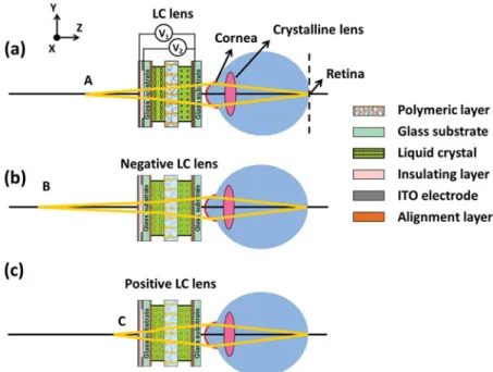 Figure 1. The illustration of operating principles of electrically tunable ophthalmic lens using the