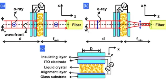 Fig. 1. Schematic diagrams of the operation of an electrically variable polarizer based on the polarization-dependent beam size produced using a LC lens (a) for o-ray incidence and (b) for e-ray incidence