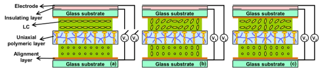 Fig. 2. The structure of the polarization independent LC lens at (a) V 1  = V 2  = 0, (b) V 1 >V 2 , (c)  V 1 <V 2 