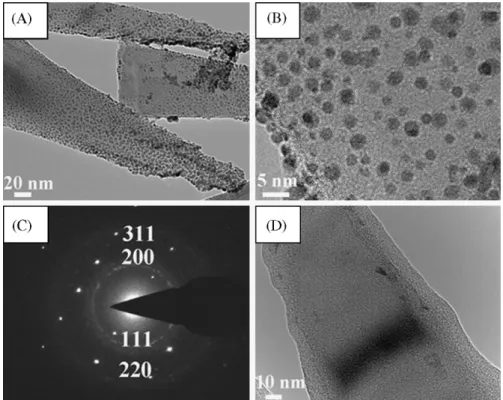 Fig. 3. (A) Bright-ﬁeld TEM image of the ␣-C coated SNC with electrodeposited Pt nanoparticles, (B) high-resolution TEM image of the ␣-C coated SNC with Pt nanoparticles, (C) the SAD pattern, and (D) bright-ﬁeld image of the ␣-C coated SNC without the Pt n