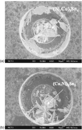FIG. 7. Cross-sectional SEM images for the bumps after current stressing of 5 ⫻10 3 A / cm 2 at 150° C for 218 h (a) for bump 2, in which electrons drifted downward and (b) for the enlarged image on the cathode/chip side.