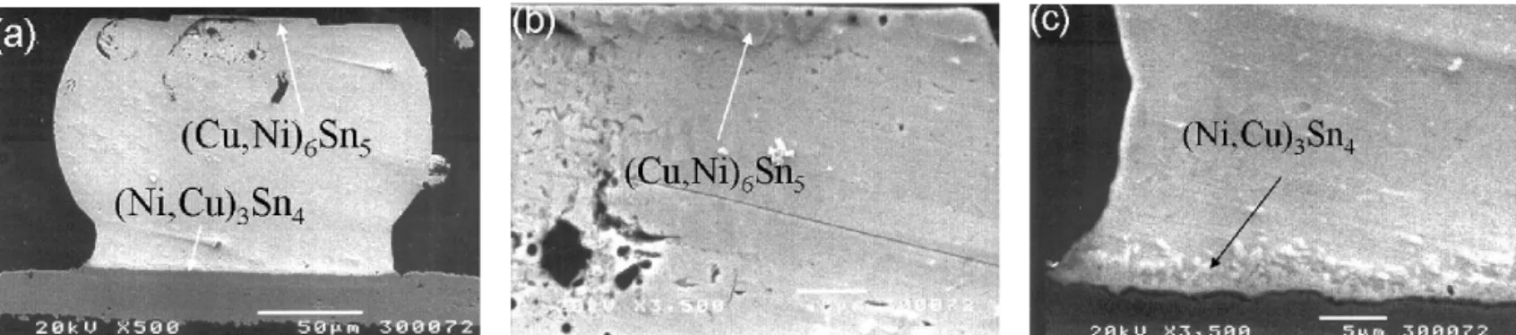 Fig. 4. The cross-sectional SEM images of Bump 2 after current stressing with current density 2   10 4 A/cm 2 at 150°C: (a) complete cross