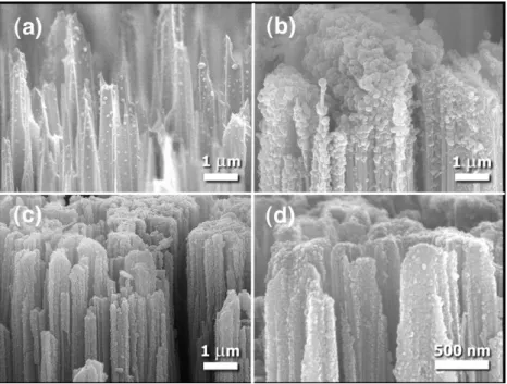 Fig. 1 (b) and (c) display the morphology of UNCD ﬁlms coated on the SiNW-templates that had been pretreated by D-seeding or C-seeding processes, respectively