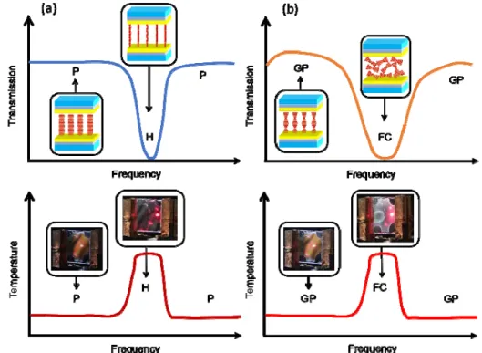 Figure 1. Schematics of the ETO behavior and the induced temperature varying with the frequency of an AC voltage applied  across (a) a DFNLC cell between crossed polarizers and (b) a polarizer-free DFCLC cell