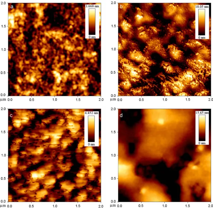 Fig. 3 shows the AFM images for the composite F8T2:PC[60]BM ( Fig. 3 (a) and (b)) and F8T2:PC[70]BM ﬁlms ( Fig