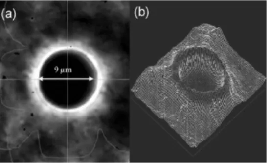 Fig. 4. Showing (a) microphotograph and (b) emission profile of a microhole array LED with d = 7 m at 1-mA driving current.