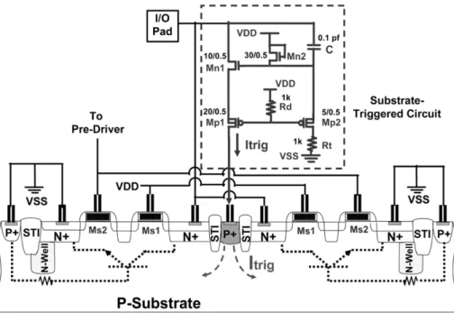 Fig. 7. Cross-sectional view of the stacked-nMOS device with the proposed substrate-triggered circuit.
