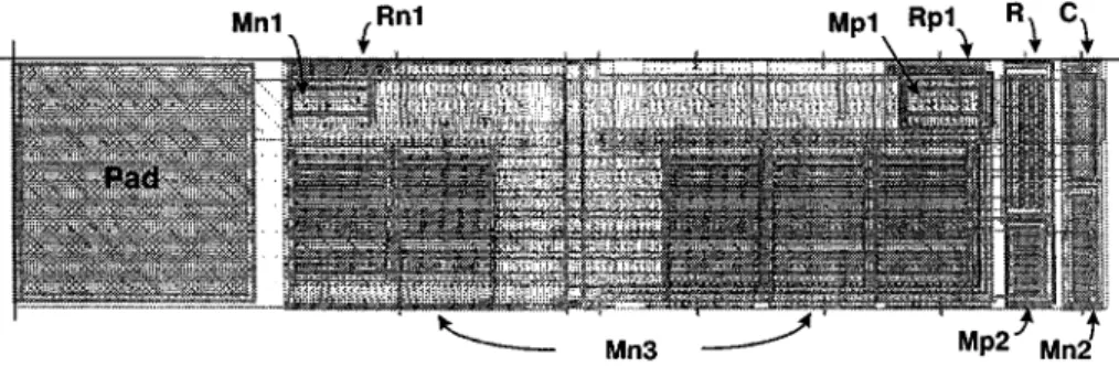 Fig. 8. Layout example of the proposed ESD protection circuit for analog pins in a 0.35- m silicided CMOS process.