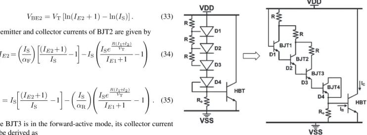 Fig. 10. New proposed MR trigger bipolar ESD power clamp and its equiva- equiva-lent circuit.