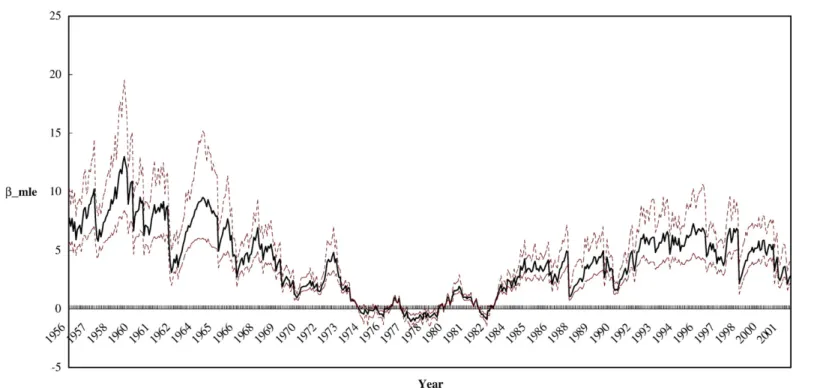 Fig. 3. The MLE estimators of dynamic RRA (solid line) and 95% confidence intervals (dotted line) in the NM(2)-GARCH(1,1) model, when proxy for the rates of return on the market portfolio are the CRSP value weighted index during 1/1956 through 12/2001.