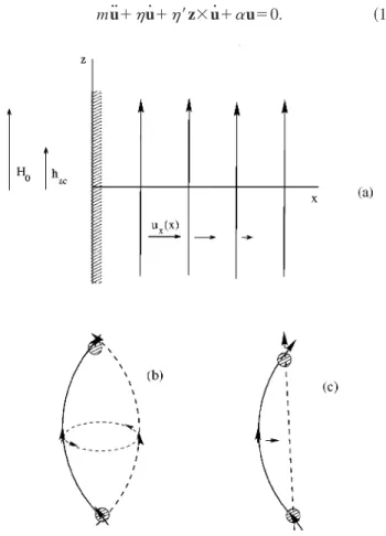 FIG. 1. 共a兲 Positions and displacements of vortices caused by external Lorentz force. 共b兲 Displacement of a vortex segment under influence of ac field in the superclean limit