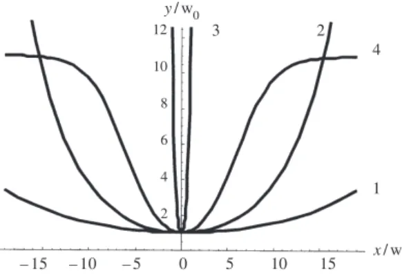 Fig. 1. Schematic picture of model channel boundaries for various values of dimensionless parameter (βw 0 ): (1) βw 0 = 0 .1; (2) βw 0 =