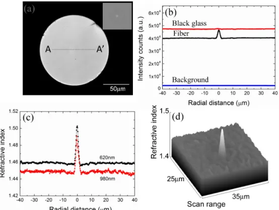 Fig. 5. (a) Global image of an ultrahigh-numerical-aperture fiber end. The line of A-A’ is  selected to show refractive index profile