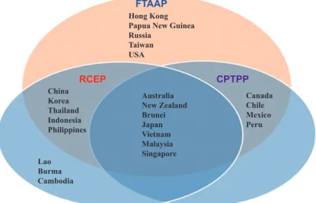 Figure 6. Regional Economic Integration Processes: Comprehensive and Progressive Agreement for Trans-Pacific Partnership (CPTPP), Regional Comprehensive Economic Partnership (RCEP), and the Free Trade Area of Asia-Pacific