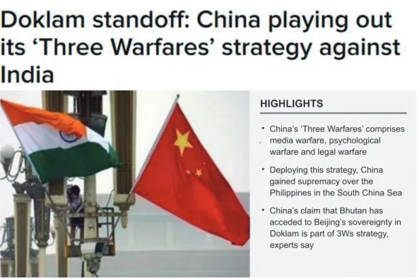 Figure 3. Is China Playing out Its ‘Three Warfares’ Strategy against India? Source: Indrani Bagchi, “Doklam standoff: China playing out its ‘Three Warfares’ strategy aganist