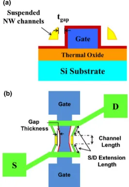 Fig. 1. (Color online) (a) Cross-sectional view and (b) top view of the suspended-NW-channel device.