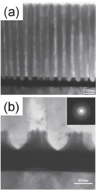 FIG. 4. Cross-sectional TEM images of (a) AAO pore channel show- show-ing a pore diameter of 80 nm and pore height of 800 nm, and (b) pore bottom showing a hillock structure of Ta 2 O 5 nanodot.
