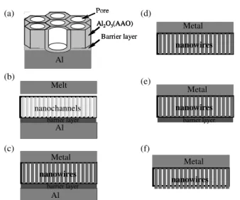 Figure 1. Schematic representation of the step-by-step fabrication procedure: (a) formation of porous alumina layer (AAO), the Al substrate remained attached to the AAO template during the injection process, (b) set-up before injection, (c) nanowires forme